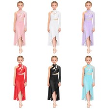 Kids Girls Dresses Skirted Dancewear Ballet Leotard Mesh Asymmetrical Ruched