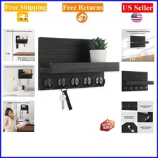 Wall Key Holder with Shelf, Rustic Black Wood, 5 Hooks, Wall Mount, 9.8"