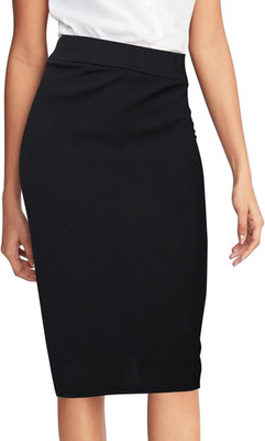 Schwarzer Rock Knielang hohe Taille dehnbarer Bleistiftrock Midirock Damen