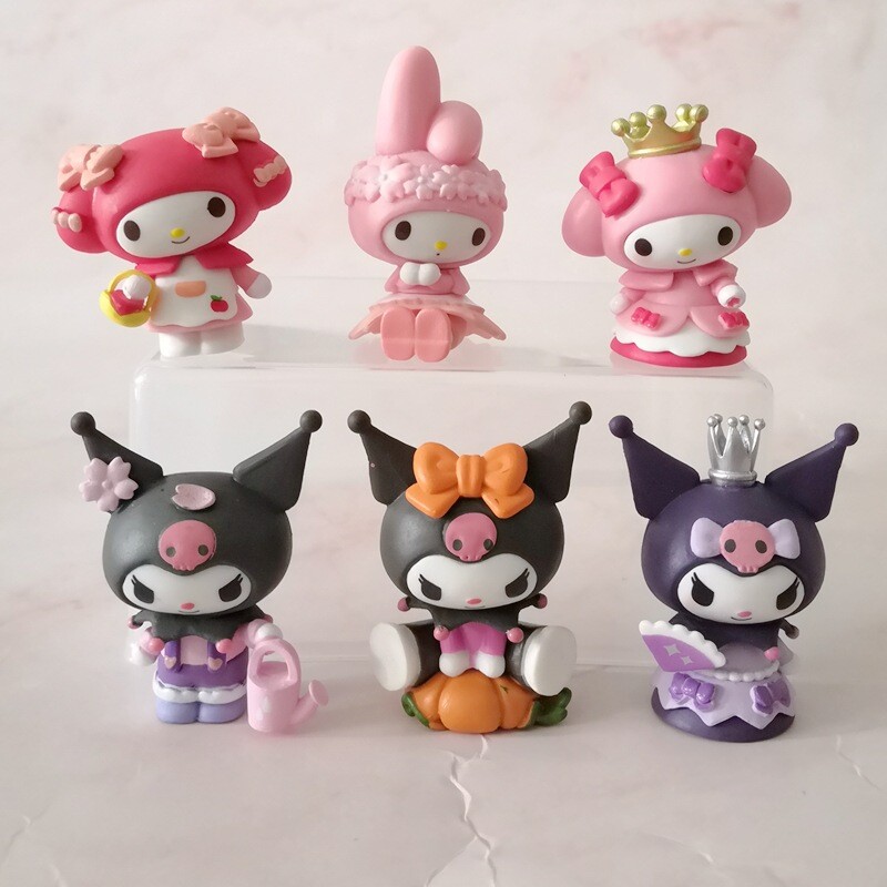 6pcs My Melody Kuromi Bow Crown Toys Cute Figures PVC Doll Toy Set