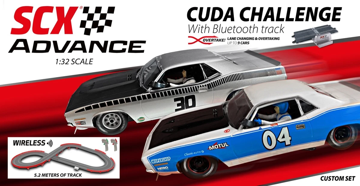 SCX 1/32 Scale ADVANCE 2.Bluetooth Cuda Challenge wireless race set with  lights!