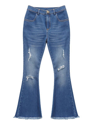 DE Mädchen Lässige Zerissene Denim Hosen Flare Jeans Elastischer Bund Schlaghose