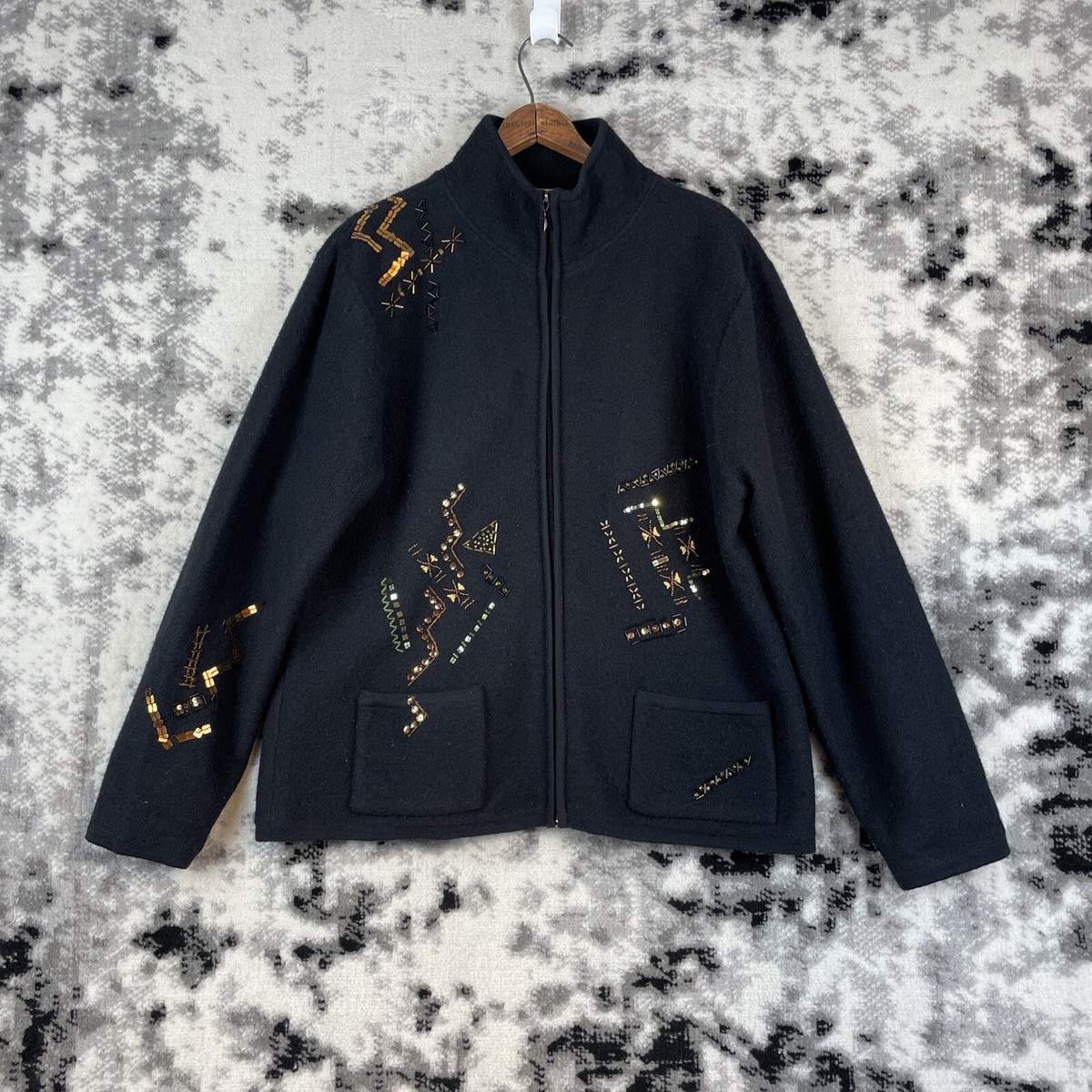 Chicos Jacket Women's Size L (2) Sequins 100% Wool Full Zip Winter