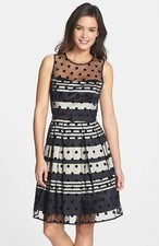 Eliza J Illusion Dot Charmeuse Fit & Flare Dress Sz 6 Black