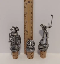 THREE  Vintage Solid Pewter Golfer Wine Bottle Stoppers Golf Themed