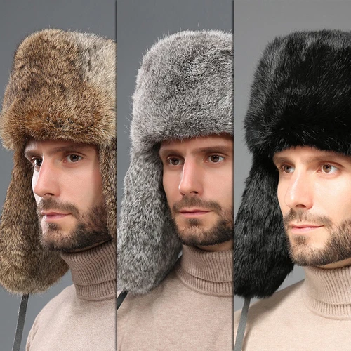Herren Warm Winter Echt Echt Echt Kaninchenfell Mütze Russland Trapper Ohrenklappe Skimütze Mützen - Bild 12 von 18