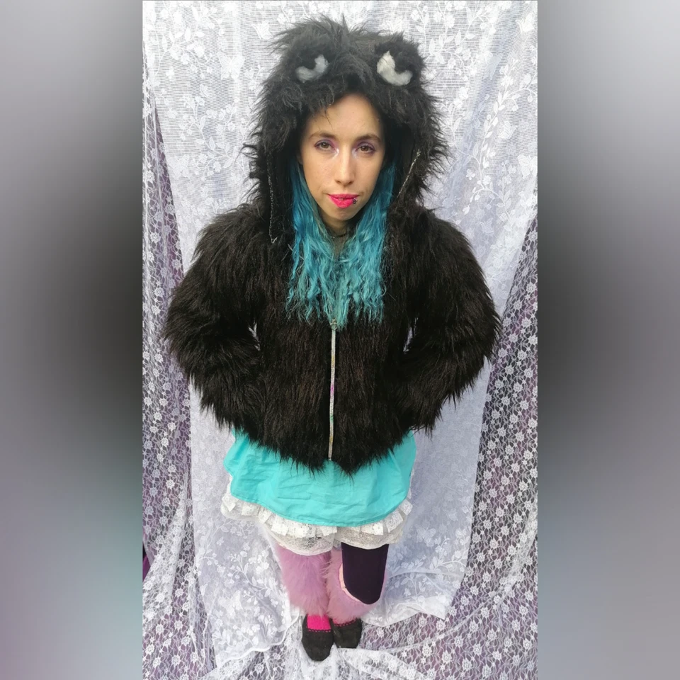 Black faux fur jacket with teady Bear Ears size small fluffy coat hoodie - Image 2 of 4