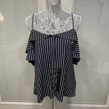 NWT 45 Banana Republic Navy Blue Striped Off Shoulder Top Blouse Button Front L