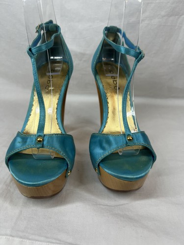 Vintage Y2K türkis BEBE Holz offene Zehenpartie Plateau Heels Größe 6M - Bild 3 von 14