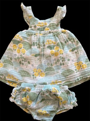 Angel Dear Blue/Yellow/Green Gauze Ruffled Dress & Diaper Cover-12-18Mos
