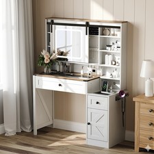 Farmhouse Makeup Vanity Sliding Barn Door Vanity Table Set w/ Lighted Mirrored