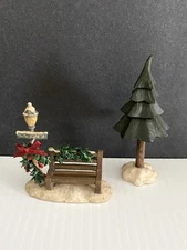 Suzi Skoglund Blossom Bucket Park Bench Lamppost Figurine & Pine Tree Figurine