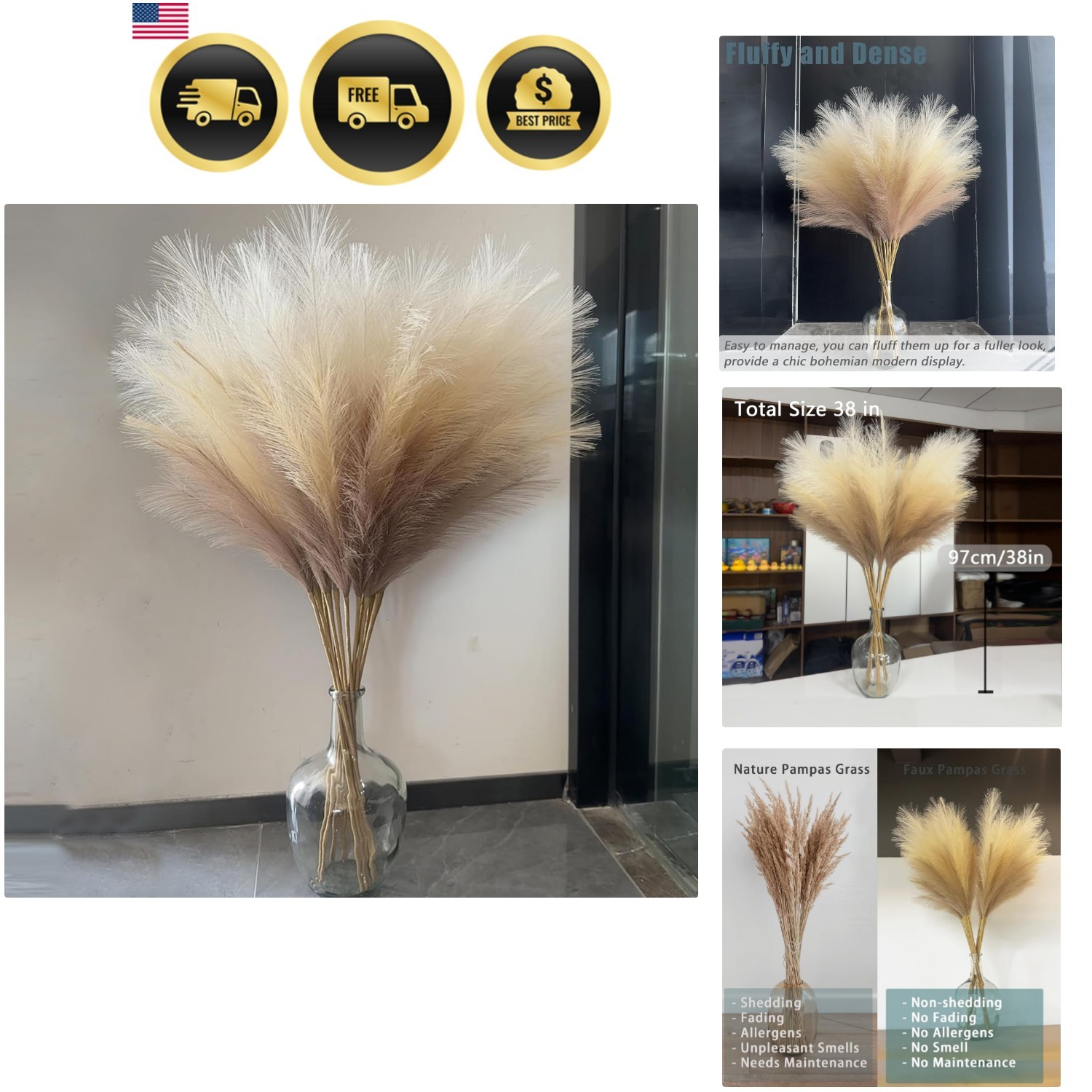 Artificial Pampas Grass Set (3 Stems) 4