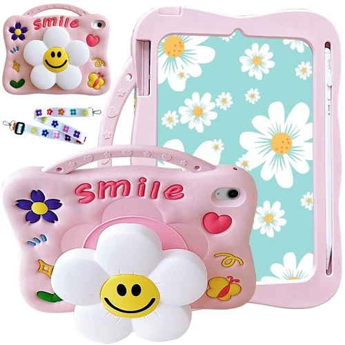 iPad Kids Shockproof Case for 11in/10.9in, Pencil Holder & – Smiley Flower
