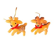 Vintage Pair Of Flocked Reindeer Christmas Ornaments