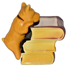Vintage Mid-Century Scottish Terrier Climbing Stack Of Books Ceramic Planter
