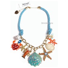 Collana Corda Charms Cristalli Vetro Tono Oro Betsey Johnson SEA CREATURES Nuova con etichette