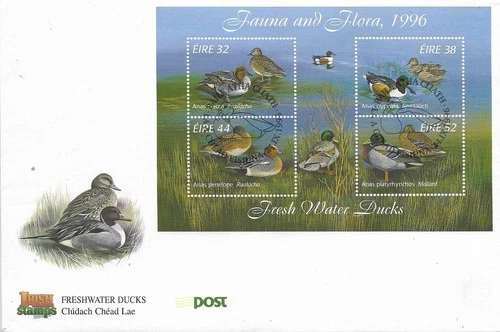 1996 IRELAND BIRDS DUCKS MIN SHEET ON SUPERB FDC