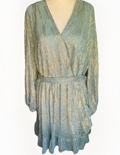 Premier Amour Metallic Wrap Dress Mint Gold Ruffle Long Sleeve Size L
