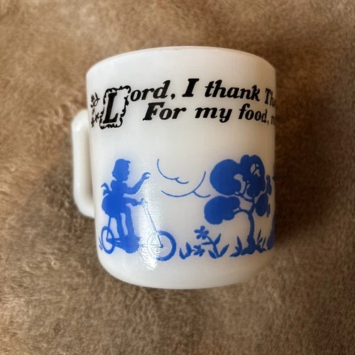 Fire King Vintage Child’s Prayer Mug White Milk Glass Blue Print Anchor Hocking