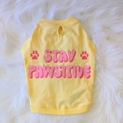 Stay Pawsitive Yellow Pink Dog Shirt Old Navy Size Small - Image 1 of 4