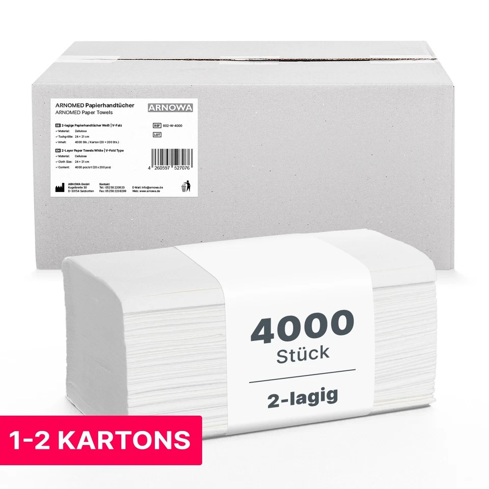 ARNOMED 4000 - 8000x Falthandtücher 2 lagig Papier Handtücher Weiß Papiertücher 25x23 cm