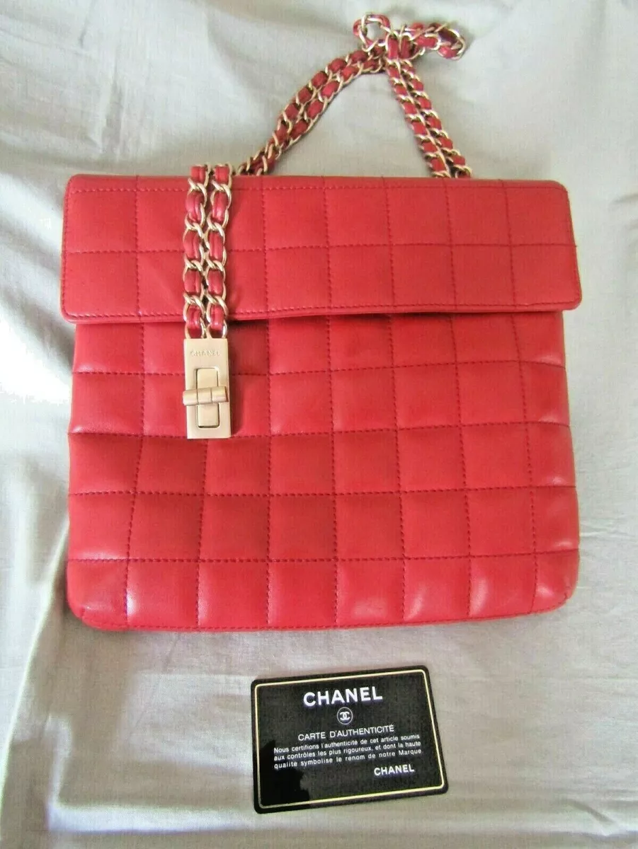 Authentic Chanel Red Lambskin Leather Chocolate Bar Quilted Shoulder Bag