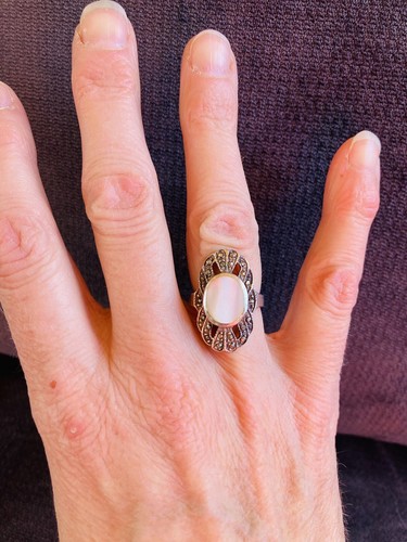 Antiker inspirierter Ring Perlmutt & Markasiten Art Deco Sterlingsilber Größe 8 - Bild 6 von 6