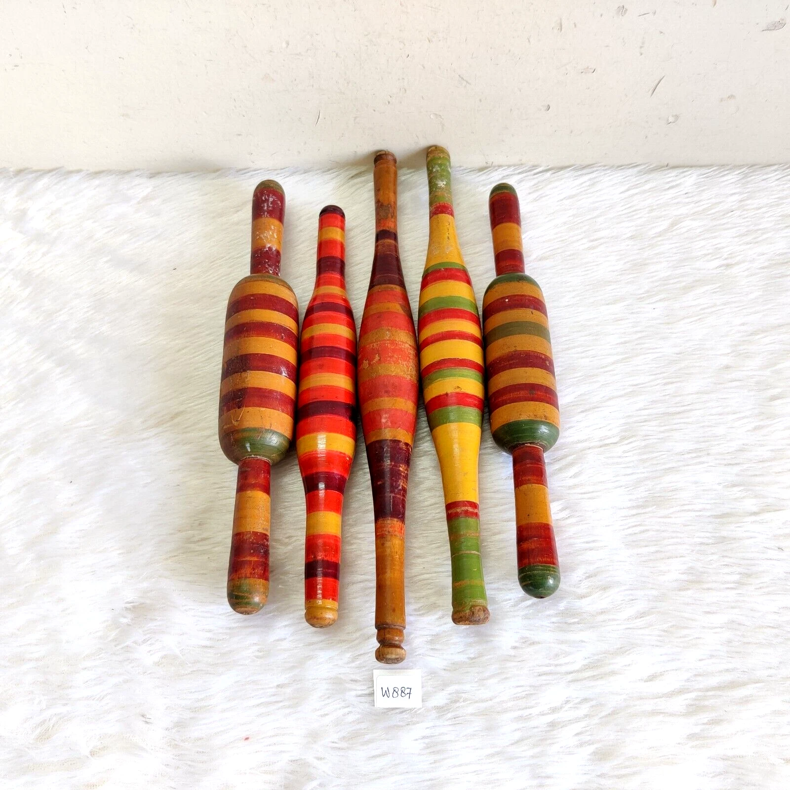 Vintage Primitive Handmade Lacquered Multicoloured Wooden Rolling Pin 5Pcs W887