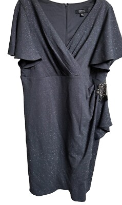 Ignite Evenings Grey Metallic Sequin V Neck Dress Sz 18 W NWT $145 V2