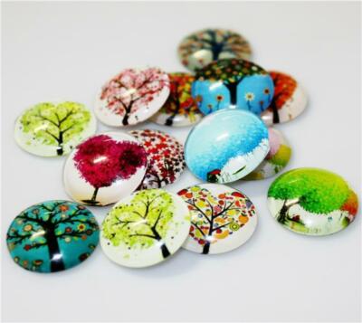 10 RUNDE LEBENSBAUM BEDRUCKTE KLARGLAS GEWÖLBTE CABOCHONS 18mm CAB30