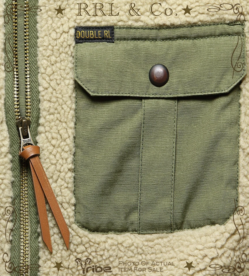 RRL Ralph Lauren Para Hombre Crema Sherpa Forro Chaqueta Cremallera Completa Vellón Ripstop Paneled Foto 2 de 4