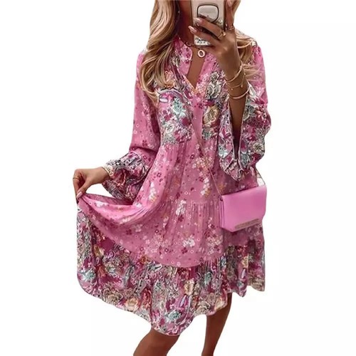 Womens Floral Boho V Neck Loose Dress Ladies Long Sleeve Summer Holiday Sundress - Picture 16 of 24
