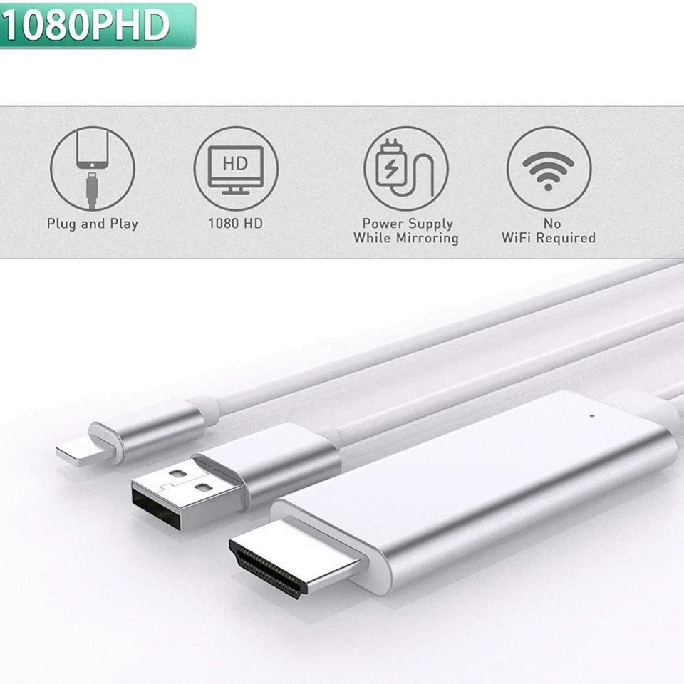 1080P HDMI Mirroring Cable Phone To TV HDTV AV Adapter For iPhone 12 11 X 8 7 6s - Image 3 of 4