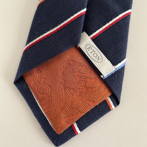 Eaton Silk Linen Blend Striped Necktie Navy Blue Multicolor Office Preppy Academ - Picture 6 of 8