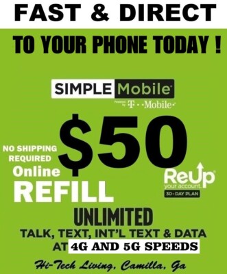 $50 SIMPLE MOBILE REFILL  FAST AND DIRECT   TO PHONE   GET IT TODAY!