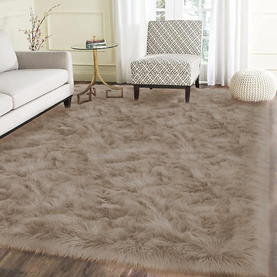 Fluffy Brown Beige Area Rug 6x8 Washable Faux Fur for Living Room & Bedroom