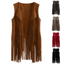 Womens Tassel Fringed Vest Suede Open Front Sleeveless Cardigan Jacket Gilet