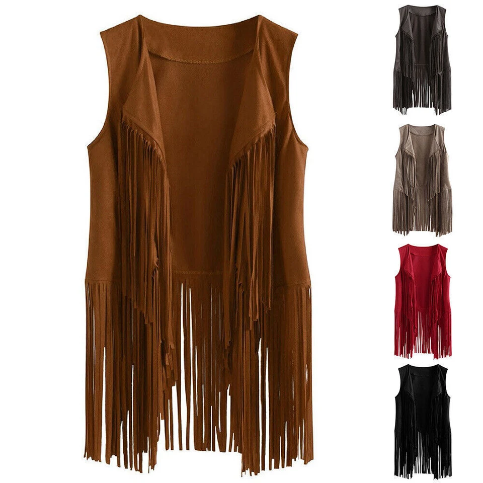 Womens Tassel Fringed Vest Suede Open Front Sleeveless Cardigan Jacket Gilet - Image 1 of 4