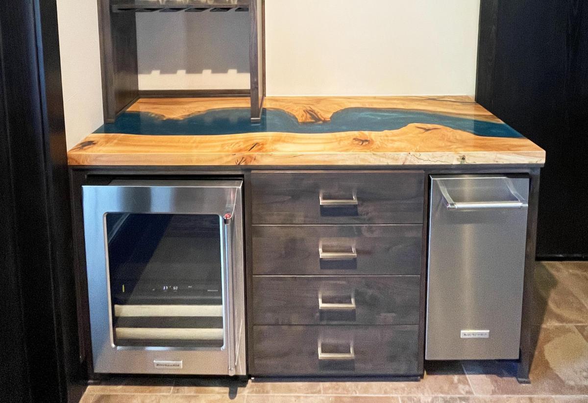 Wood Plank Kitchen Island Slab, Blue River Epoxy Counter Slab, Interior Decor