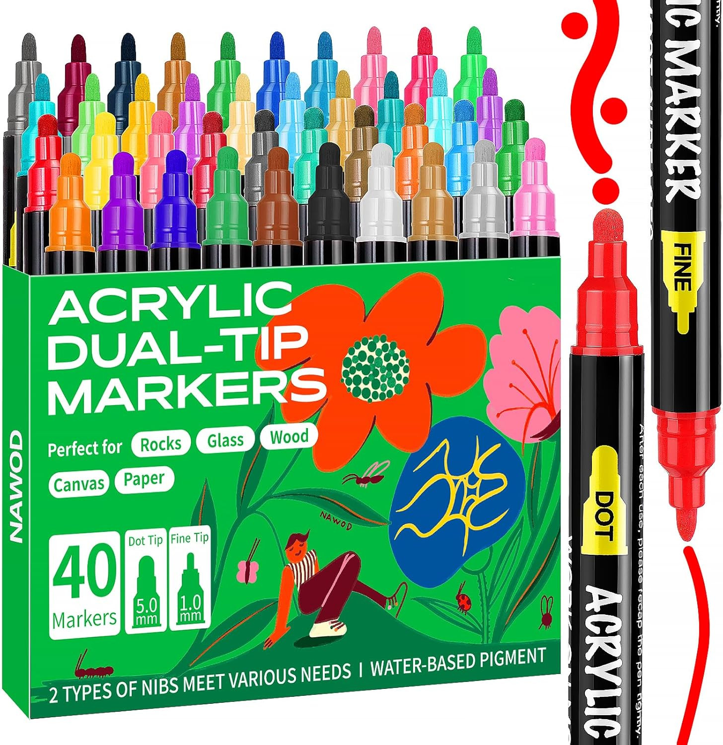 40 Acrylic Paint Pens, Dual Tip Markers for Fabric, Rock, Canvas, Wood, Glass, D