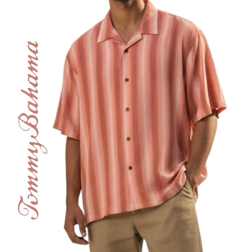 Tommy Bahama Shirt 100% Silk Mens XL Beach Coral Stripe Short Sleeve Button Up
