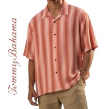 Tommy Bahama Shirt 100 Silk Mens XL Beach Coral Stripe Short Sleeve Button Up