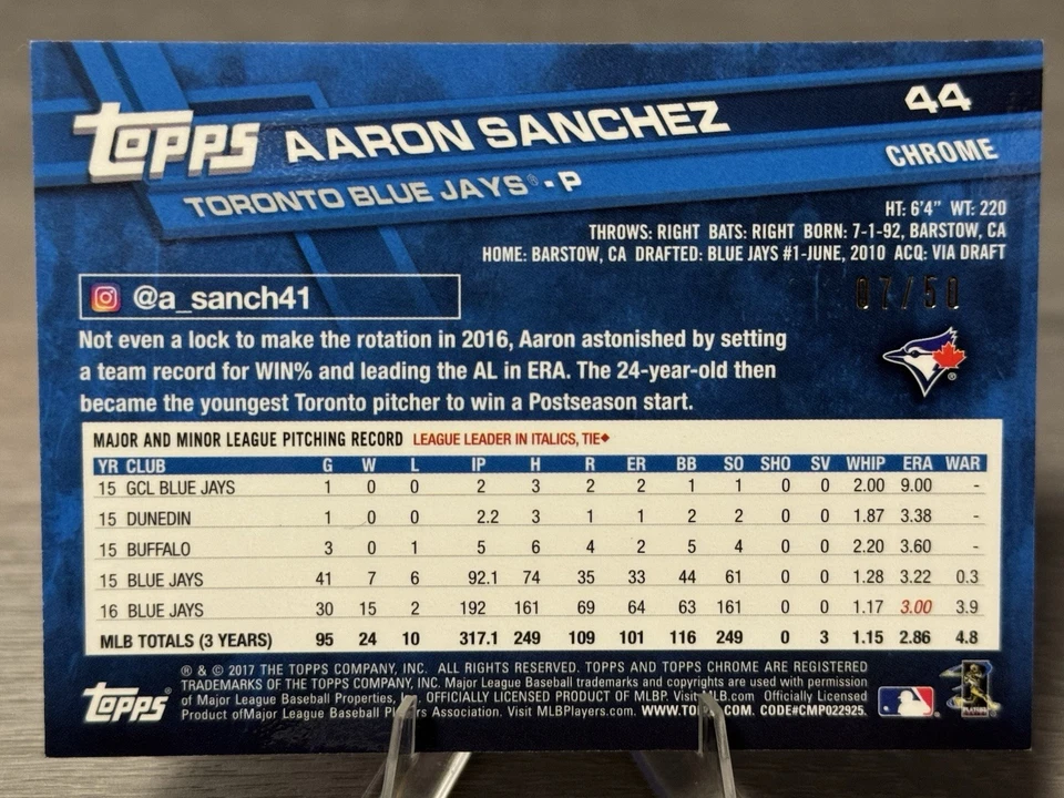 🔥⚾️AARON SANCHEZ 2017 Topps Chrome Gold Wave Refractor /50 #BLUE JAYS!!!⚾️🔥 - Image 2 of 2