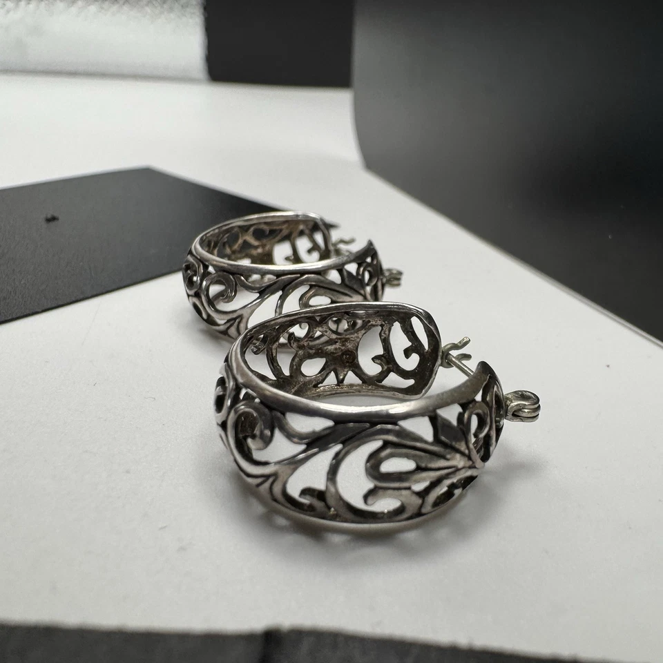 Pendientes de aro Jezlaine de plata de ley 925 .75" filigrana firmados Jez 4.2g Foto 4 de 4