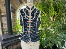 Vintage Navy Blue and White Floral Stamped Suede and Crocheted Reversible Vest