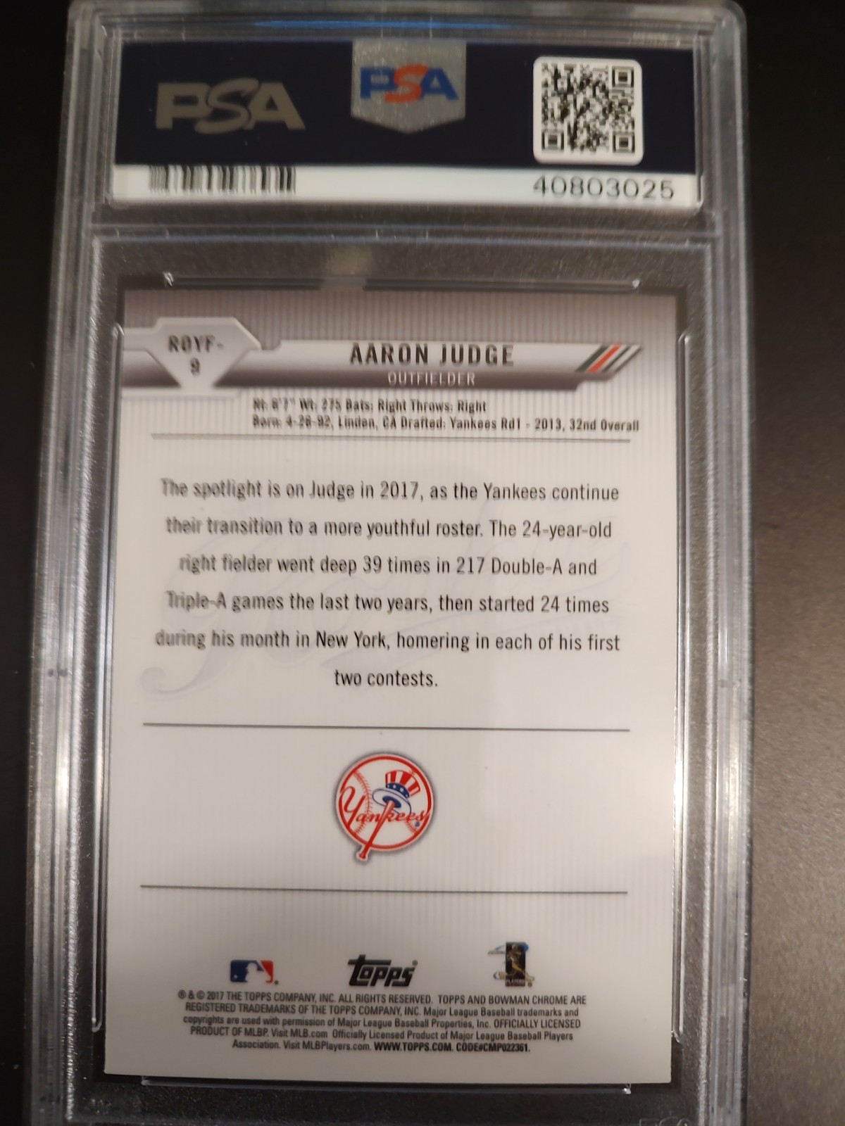 2017 Bowman  ROTY Favorites Aaron Judge #9 PSA 10 view 2