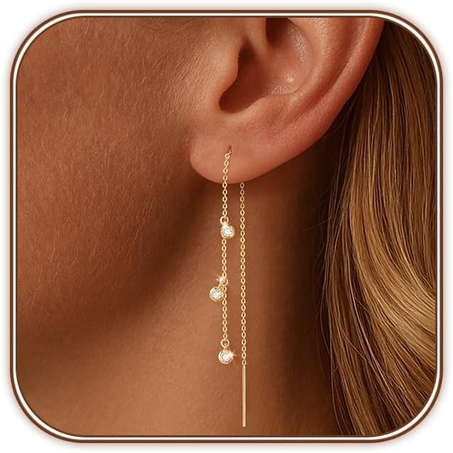 Dangle Earrings for Women 14K Gold Plated Threader Earring Gold-Round Diamond 