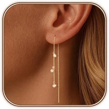 Dangle Earrings for Women 14K Gold Plated Threader Earring Gold-Round Diamond 