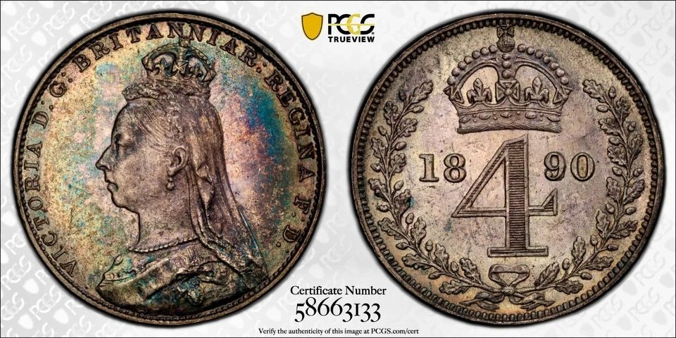 4 peças 1890 Grã-Bretanha Victoria PCGS Prooflike arco-íris tonificado prata conjunto Maundy - Imagem 2 de 4